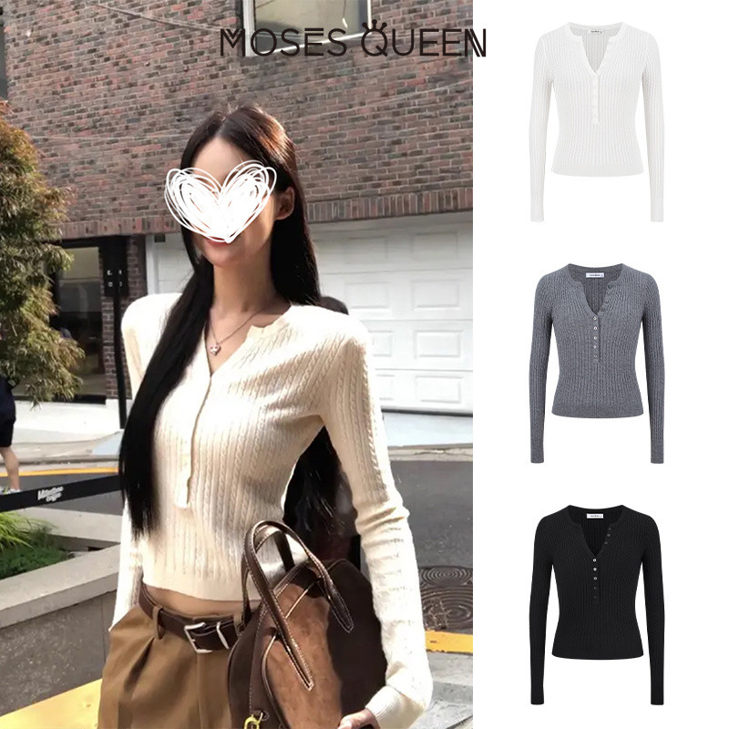 MOESSQUEEN มอสส์ ราชินีคอวีซิปถักเสื้อกันหนาว สไตล์เรียบง่ายแบบเกาหลี เนื้อบางเบา ทนทาน แขนยาวเหมาะสำหรับฤดูหนาว #59770