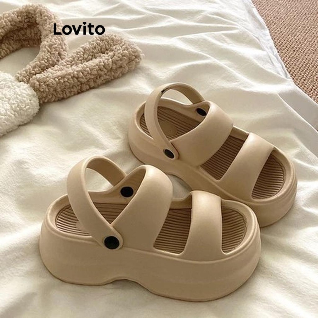 Lovito รองเท้าแตะเสริมส้น 6 ซม. ดีไซน์สายรัดคู่กันลื่น นุ่ม เบา สำหรับผู้หญิง LFA59260