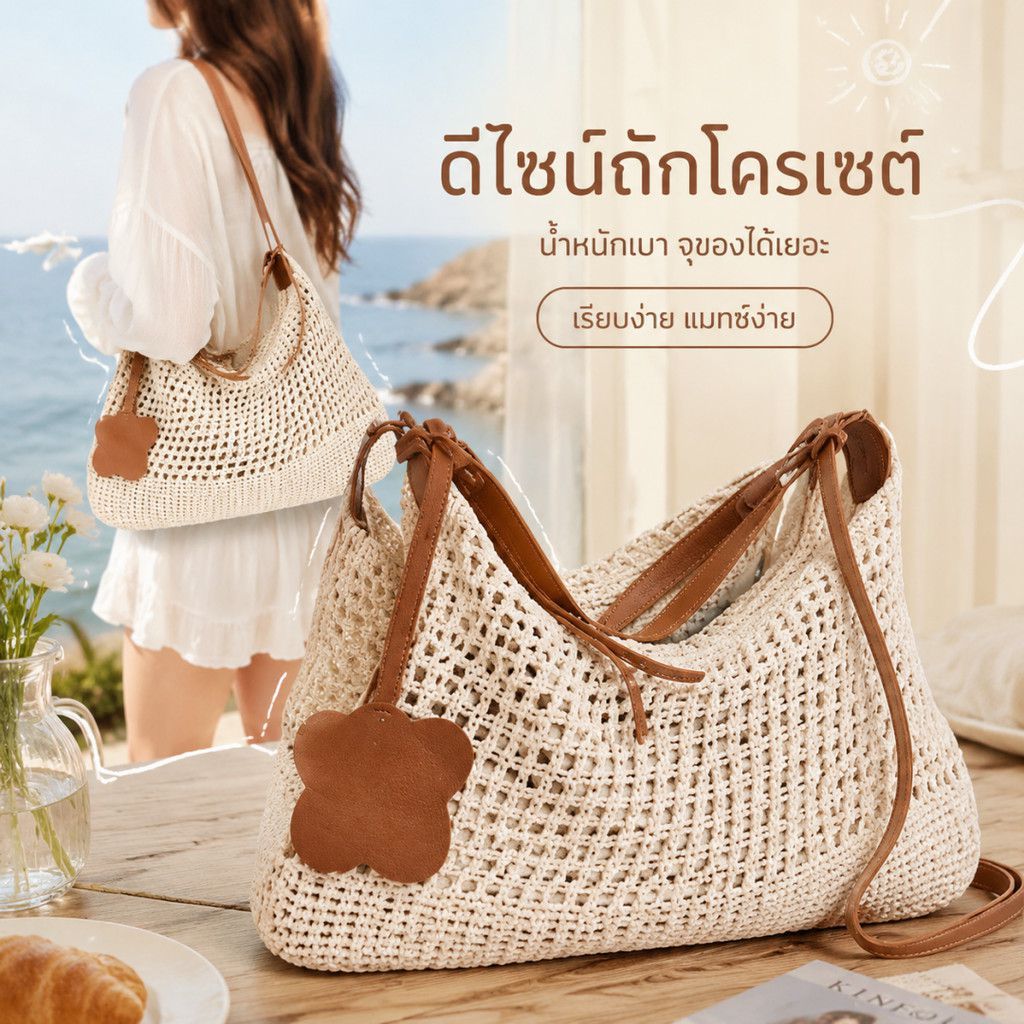 กระเป๋าทอทรงโท้ท ดีไซน์โปร่ง สไตล์ชิลๆ สายปรับได้ 3แบบ เบา ใส่ของใช้ประจำวัน