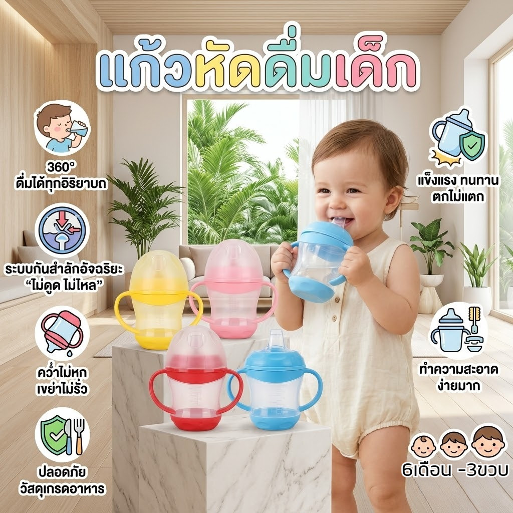teyicup ขวดน้ำเด็ก แก้วหัดดื่ม กันสำลัก ไม่ดูดไม่ไหล นอนดูดได้ 360 องศา วัสดุเกรดอาหาร ปลอดภัย