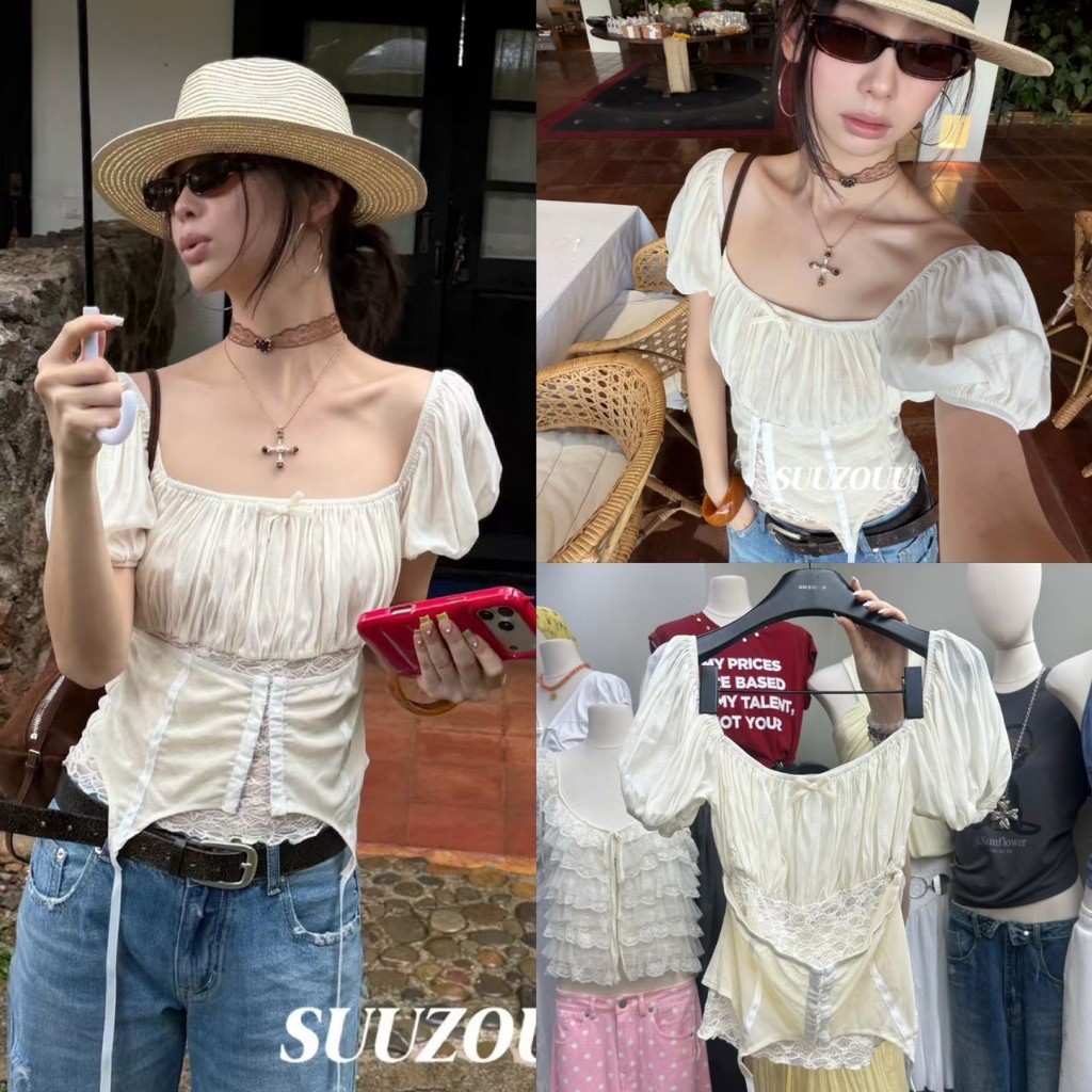 ❤ 🧵 🇰🇷 SU311 เสื้อคอกว้าง แขนตุ๊กตา ช่วงเอวแต่งผ้ามีตะขอ ใส่แล้วดูหุ่นดี ผอมเพรียว  แฟชั่นเกาหลี TAG MM Fish 🧡