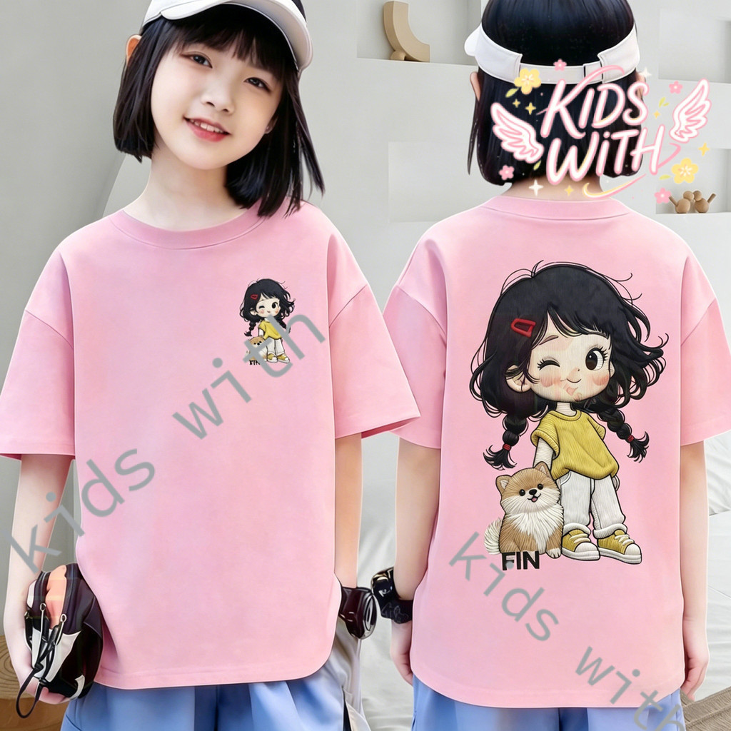 🐻 เสื้อเด็กแฟชั่น คอกลม Oversize ผ้าคอตตอน   'FIN GIRLDOG' สบายนุ่ม ระบายอากาศดี