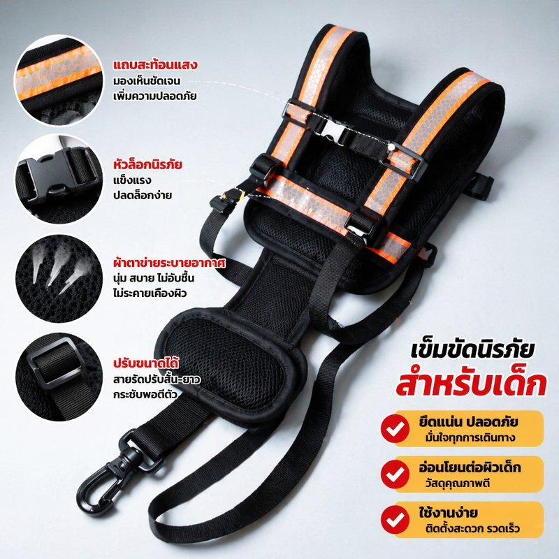 สายรัดนิรภัยเด็ก เข็มขัดนิรภัยมอเตอร์ไซค์ กันเด็กร่วง ปรับได้ สะท้อนแสง จักรยาน เด็กเล็ก