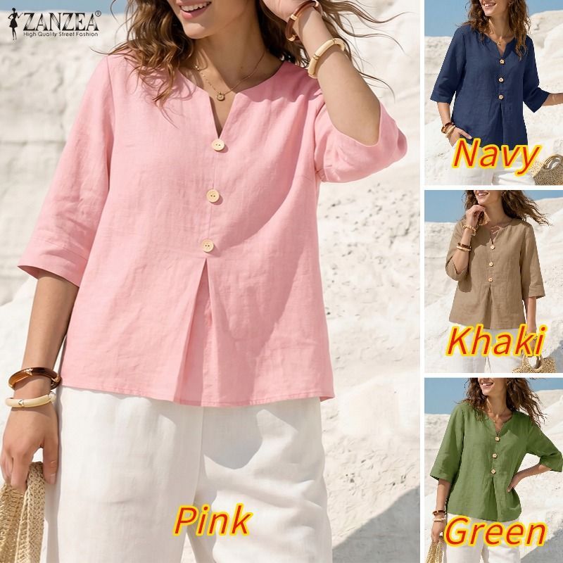 ZANZEA ซานเซีย แฟชั่นสตรีผ้าฝ้ายคอวีครึ่งแขนเสื้อหลวมแข็ง — صورة 3