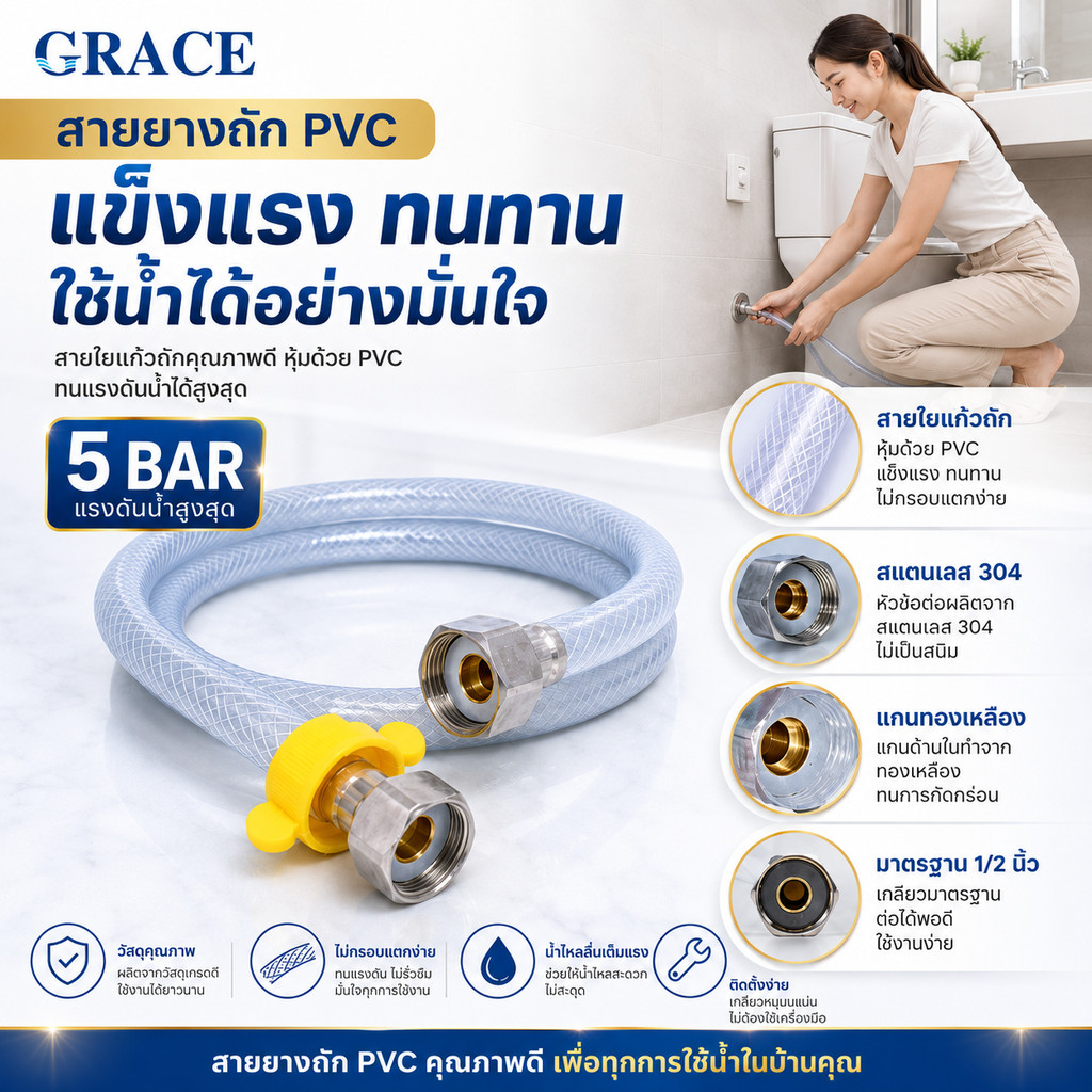 🔥โปรโมชั่น🔥GRACE สายถักท่อน้ำดี PVC 100% หัวทองเหลืองเกรดพรีเมี่ยม ติดตั้งง่าย ทนแรงดันน้ำ มีหลายความยาวให้เลือก