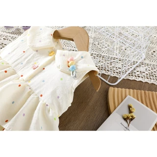 ชุดเดรสเค้กแขนกุดลายจุดเด็กผู้หญิงน่ารัก Peter Pan Collar Tiered ฤดูร้อน Casual Princ