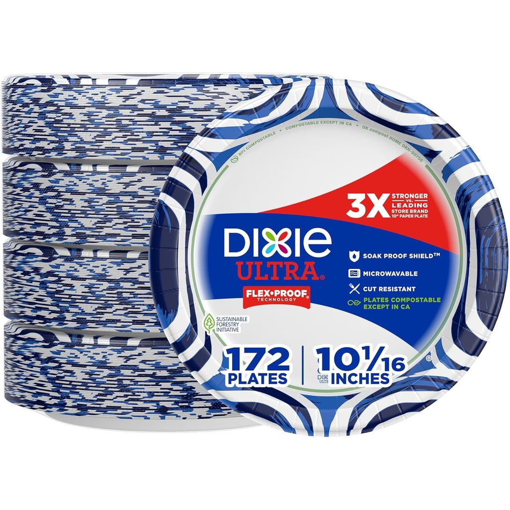 DixieUltra,PaperPlates,10 นิ้ว,172Cunt(4แพ็คof43แผ่น),3XStronger*,HeavyDuty,ไมโครเวฟ-Safe,Oak-Plates
