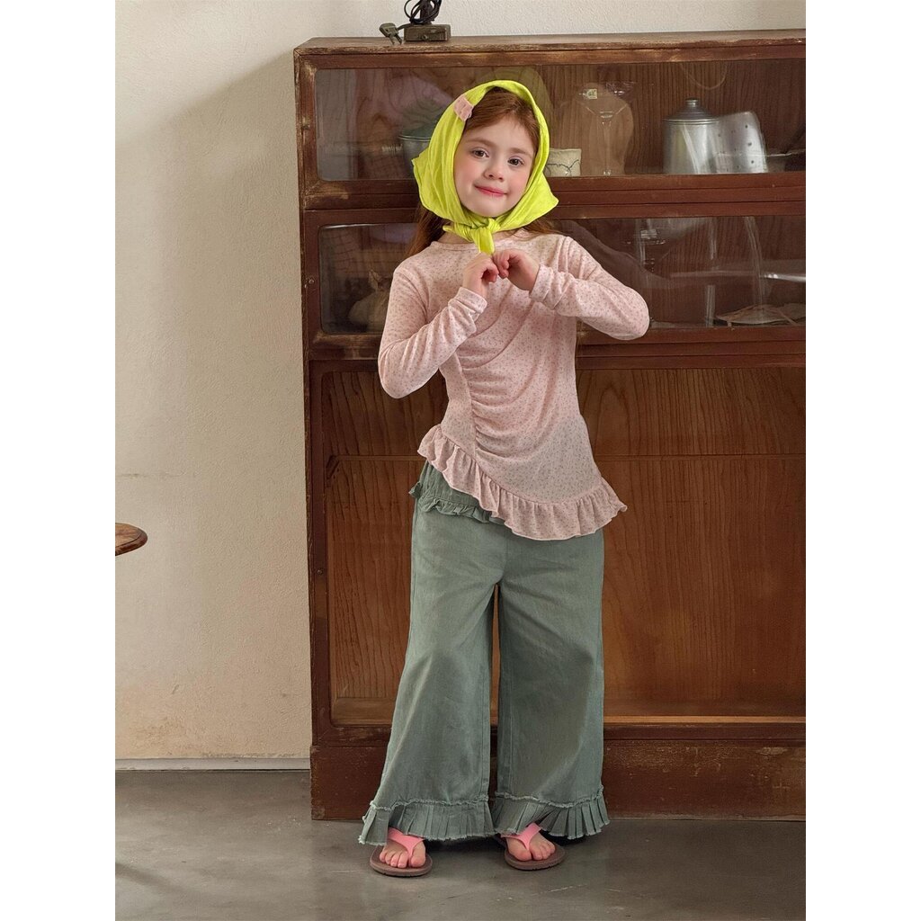 LLT-108 Pink Soft Ruched Long Sleeve Top เสื้อแขนยาวเด็กผู้หญิงสีชมพู ดีไซน์จับจีบด้านหน้าแต่งระบายปลายเสื้อ เนื้อผ้า...