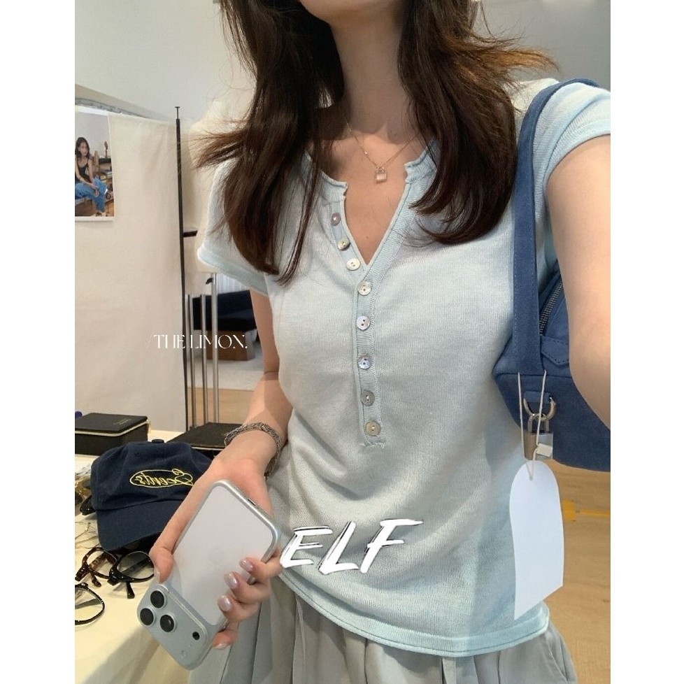 ปุ่มครึ่งเปิดปกแขนสั้นถักด้านบนฤดูร้อนอเนกประสงค์เฉพาะเสื้อไหล่ตรง