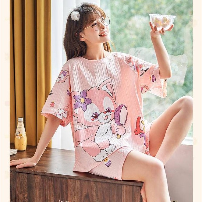 Lina Bell ชุดนอนการ์ตูน pyjamas ผู้หญิงชุดนอนแขนสั้นผู้หญิงชุดนอนหลวมน่ารักรอบคอ homewear ชุด贝儿睡衣