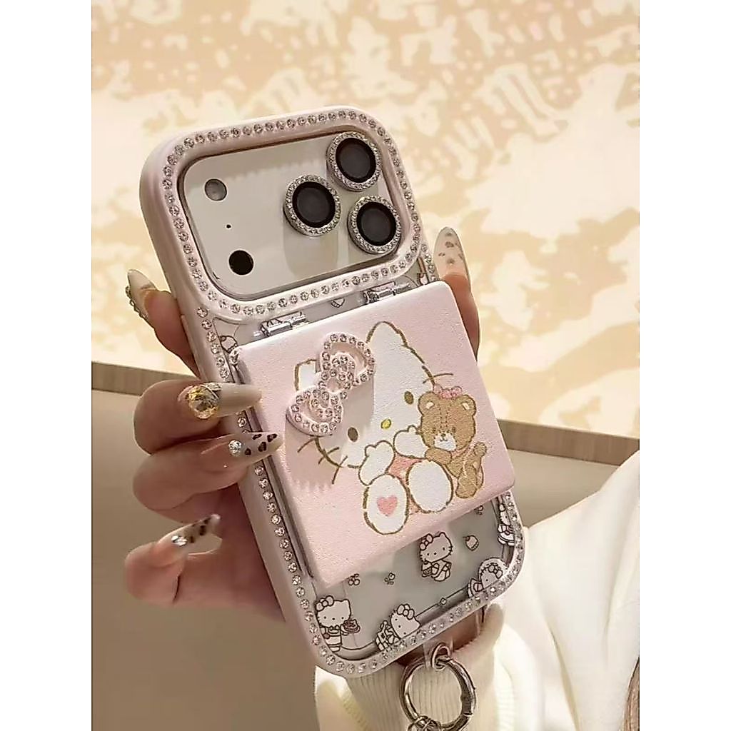 แฟลชเพชรกรอบพลิกกระจกเหมาะสําหรับ iPhone 11 12 13 14 15 16 17 pro max 14 15 16 PLUS 17air การ์ตูน HelloKitt PC เคสโทรศัพท์