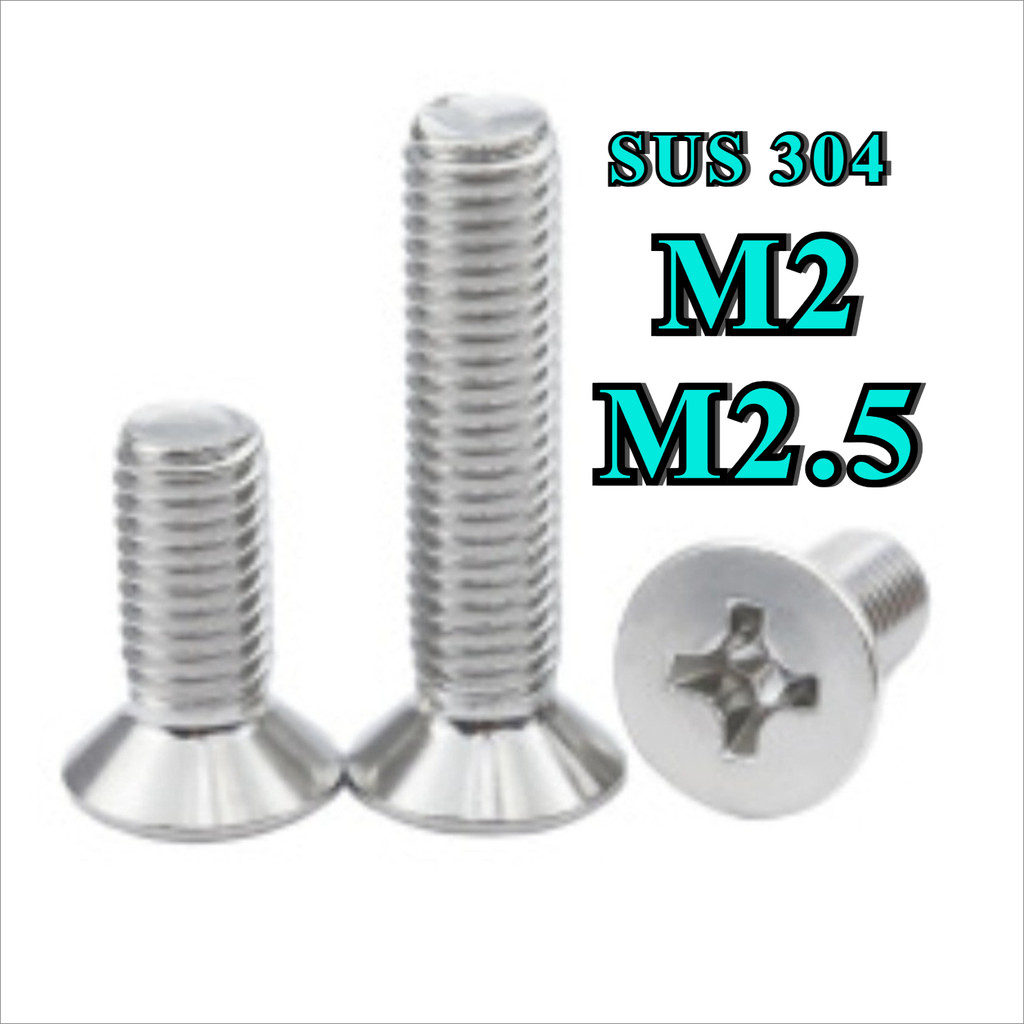 M2 M2.5 น็อต สกรู หัวเตเปอร์ แฉก F+ สแตนเลส 304 เกลียวมิล หยาบ GB819 Flat Head Phillip Machine Screw SUS304 Stainless 304 [DL]