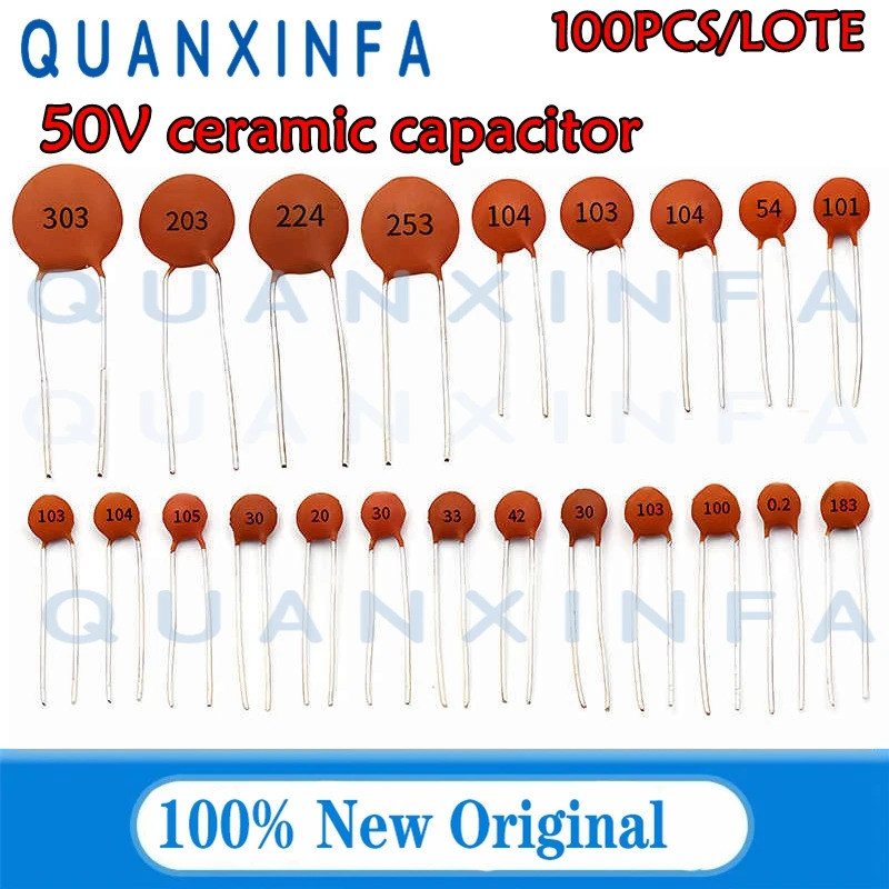 100PCS เซรามิคความจุ 50V 1pF -100nF 104 4.7PF 10PF 22PF 33PF 47PF 100PF 220PF 2PF 3PF 33PF 470PF 1NF