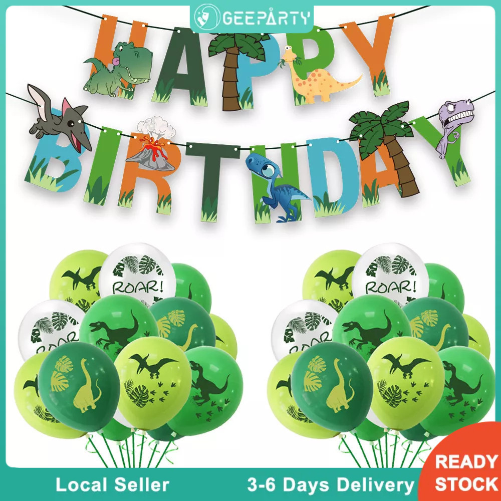 GeeParty ชุดบอลลูนไดโนเสาร์ พร้อมป้าย Happy Birthday สำหรับงานเลี้ยงวันเกิดเด็ก ธีมไดโนเสาร์
