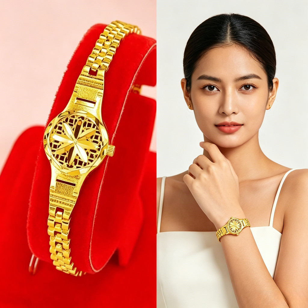ใหม่ผู้หญิงชุบสร้อยข้อมือนาฬิกาข้อมือs, Luxury Hollow Flower Laser Cut Dial, Shiny Sand Gold Finish