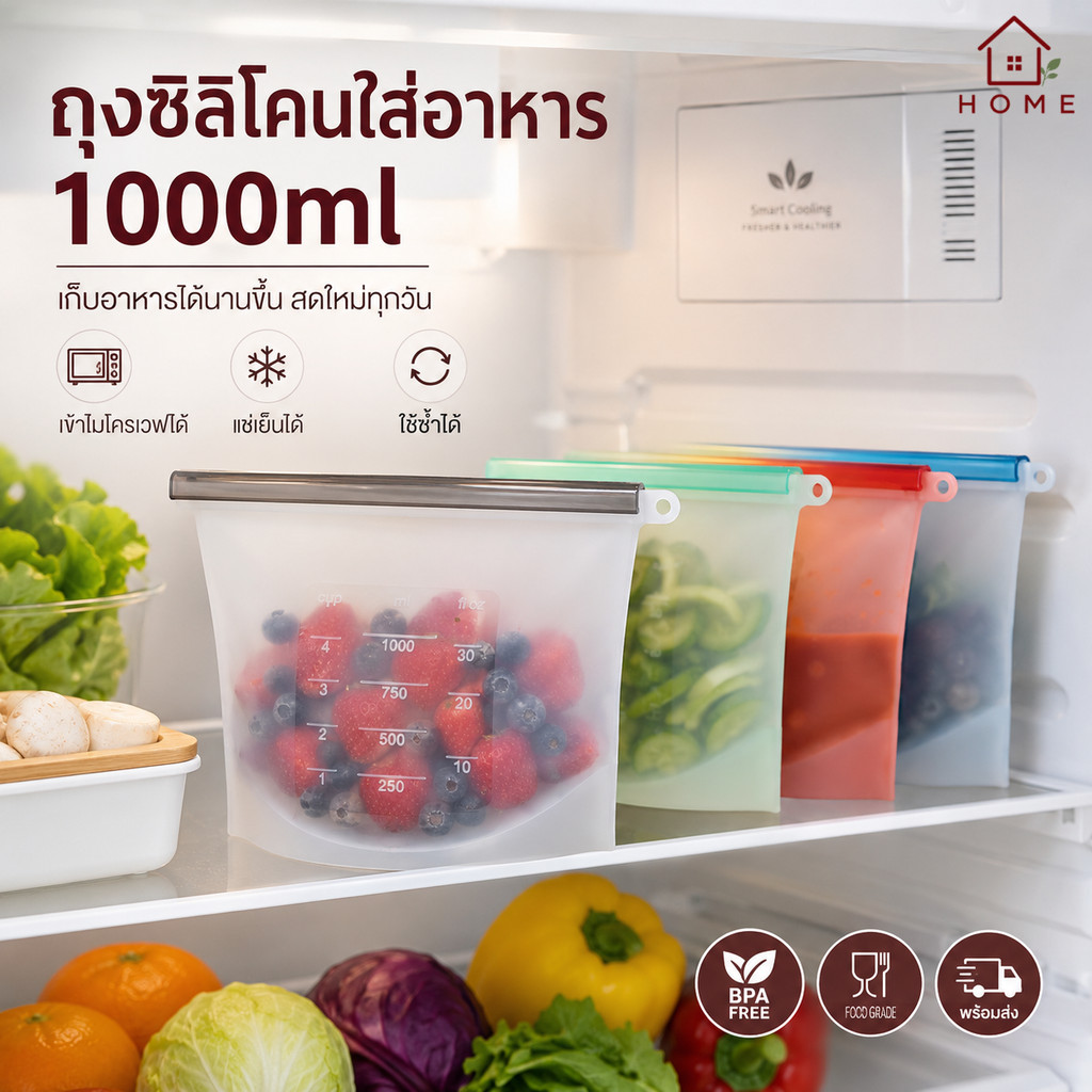 Home007 ถุงซิลิโคนใส่อาหาร 1000ml. สูญญากาศ สำหรับใส่อาหาร เก็บอาหาร ช่วยรักษาความสดใหม่ ฟู้ดเกรด