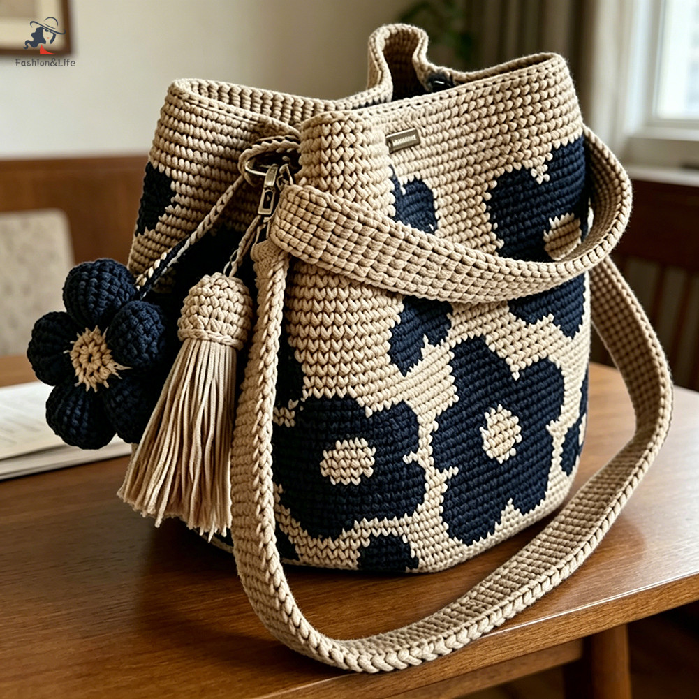 Boho Aesthetic Crochet Tote Bag สไตล์หวานกระเป๋าสะพายน้ําหนักเบาสําหรับ Beach หรือ Pool Days