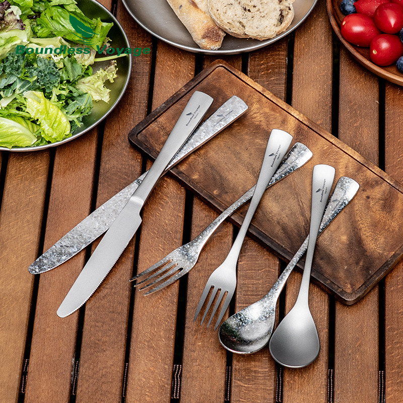 Boundless Voyage Titanium Flatware แบบพกพาช้อนส้อมชุดมีดสําหรับเดินทางกลางแจ้ง Home Camping Ti1055A