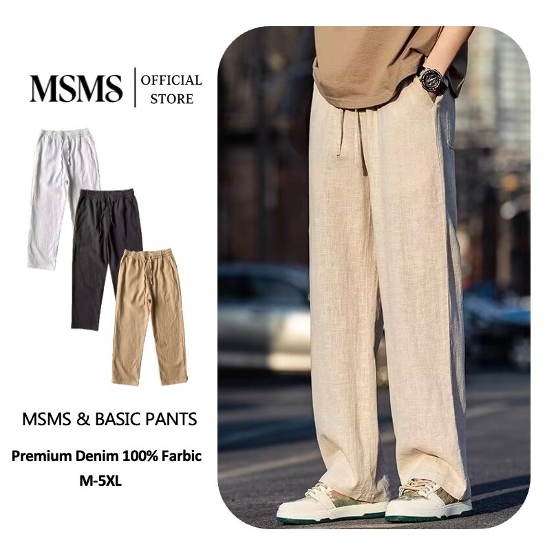 MSMS M-5XL 6 สี ผ้าลินินหลวมตรงขากว้างสีขาว Casual Plus ขนาดกางเกงขายาวผู้ชาย
