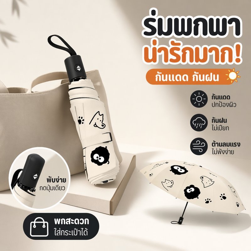 ร่มพกพา ร่มกันแดดกันฝน อัตโนมัติ กันUV ทนลม ลายน่ารัก สุนัขจมูกยาว พับง่าย ผ้ากันน้ำแห้งเร็ว