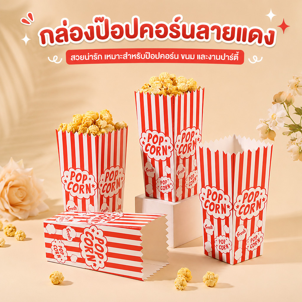 แก้วป๊อปคอร์น กล่องป๊อปคอร์นลายแดงขาว ถ้วยใส่ขนม กระดาษใส่ป๊อปคอร์น งานปาร์ตี้ โรงหนัง คาเฟ่ อีเวนต์ พร็อพถ่ายรูป