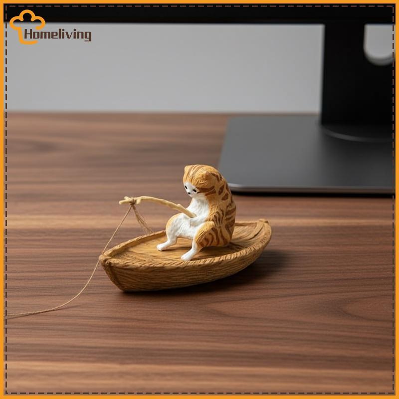 HOME Pet-Friendly Creative Cat Fishing Boat Aquarium เครื่องประดับสําหรับ Dynamic Fish Tank Decor TH