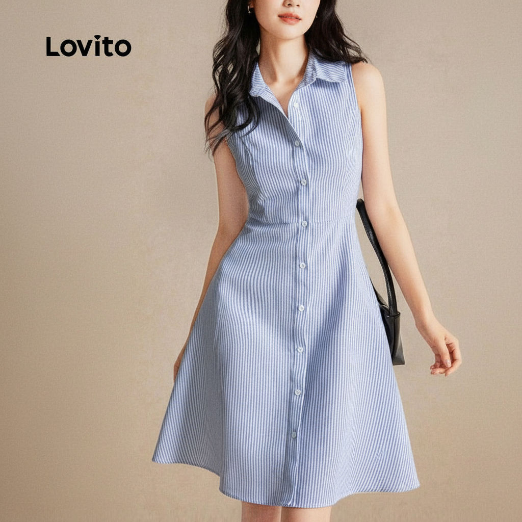 Lovito ชุดเดรสหรูหรา กระดุมหน้า สีฟ้าอ่อน สําหรับเดินทาง ฤดูร้อน L158ED974
