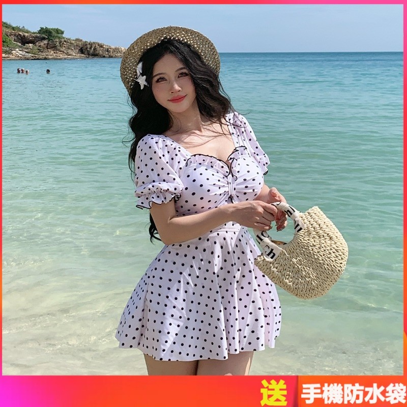ชุดรบสาวหวานลายจุดสไตล์เกาหลี | ชุดว่ายน้ําวันพีซแขนพอง Slimmer Look | Kenting Vacation Photo Handy 