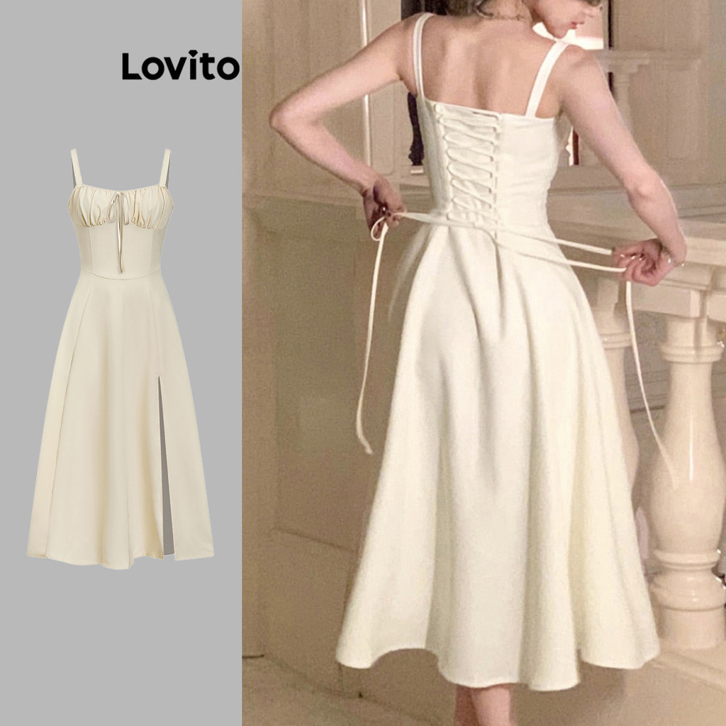 Lovito x Poppy ชุดเดรสผูกหน้าหลังสุดหรูหรา เดรสฤดูร้อนสำหรับผู้หญิง L74ED185