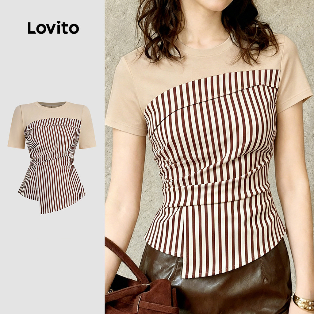 Lovito เสื้อเบลาส์ลําลอง ผ้าสีตัดต่อกัน สไตล์สปริง/ฤดูร้อน สําหรับผู้หญิง L190ED708