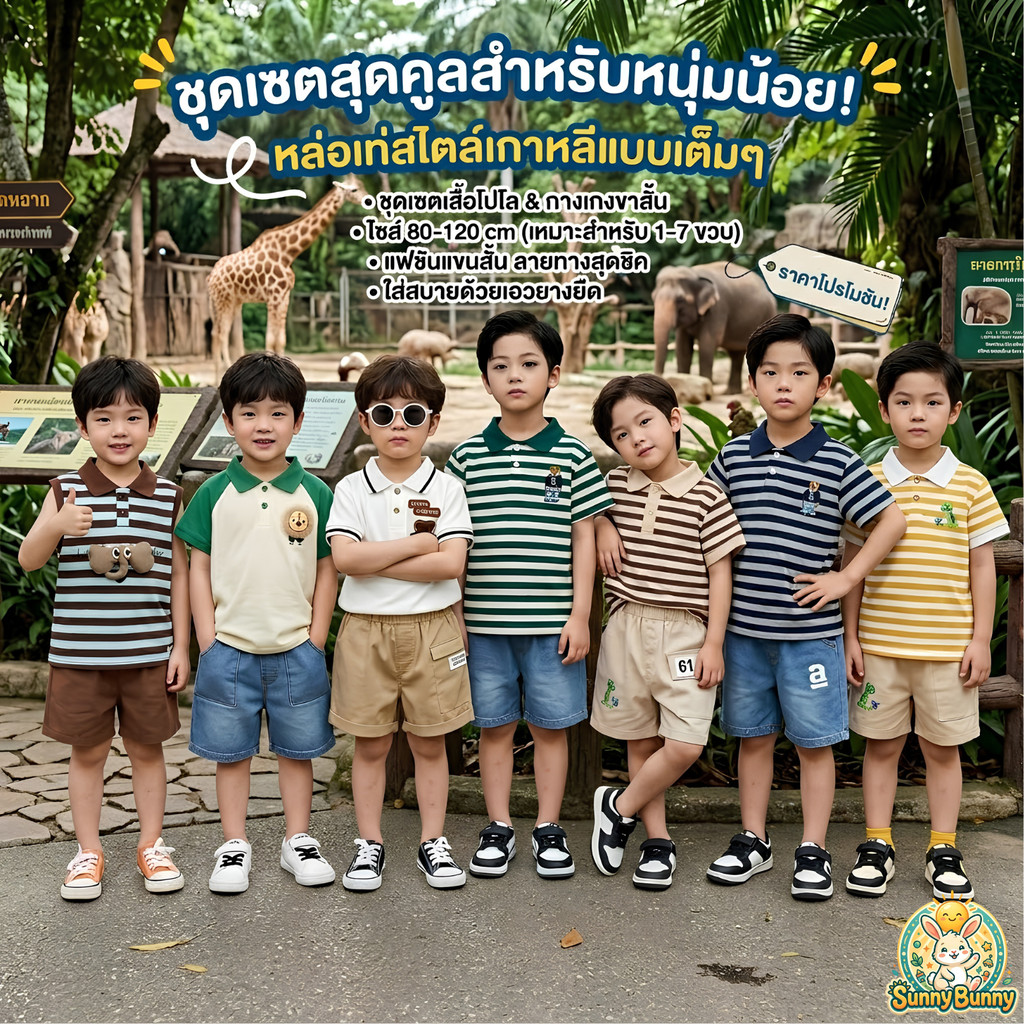 ชุดเด็กผู้ชาย เสือโปโล+กางเกงขาสั้น ชุดเข้าเซท2 ชิ้น สำหรับเด็กผู้ชาย 80-120 cm แขนสั้น ลายทาง แฟชัน เอวยางยืด