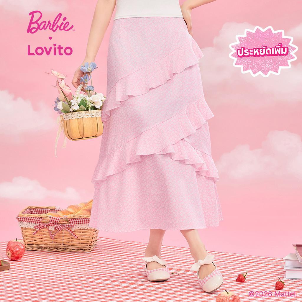 [Summer Sale] (New Arrival) Barbie™ X Lovito กระโปรงจีบระบายลายดอกไม้ ทรงไม่สมมาตร สีชมพู สําหรับฤดูใบไม้ผลิ/ฤดูร้อน SKBL4PAD021