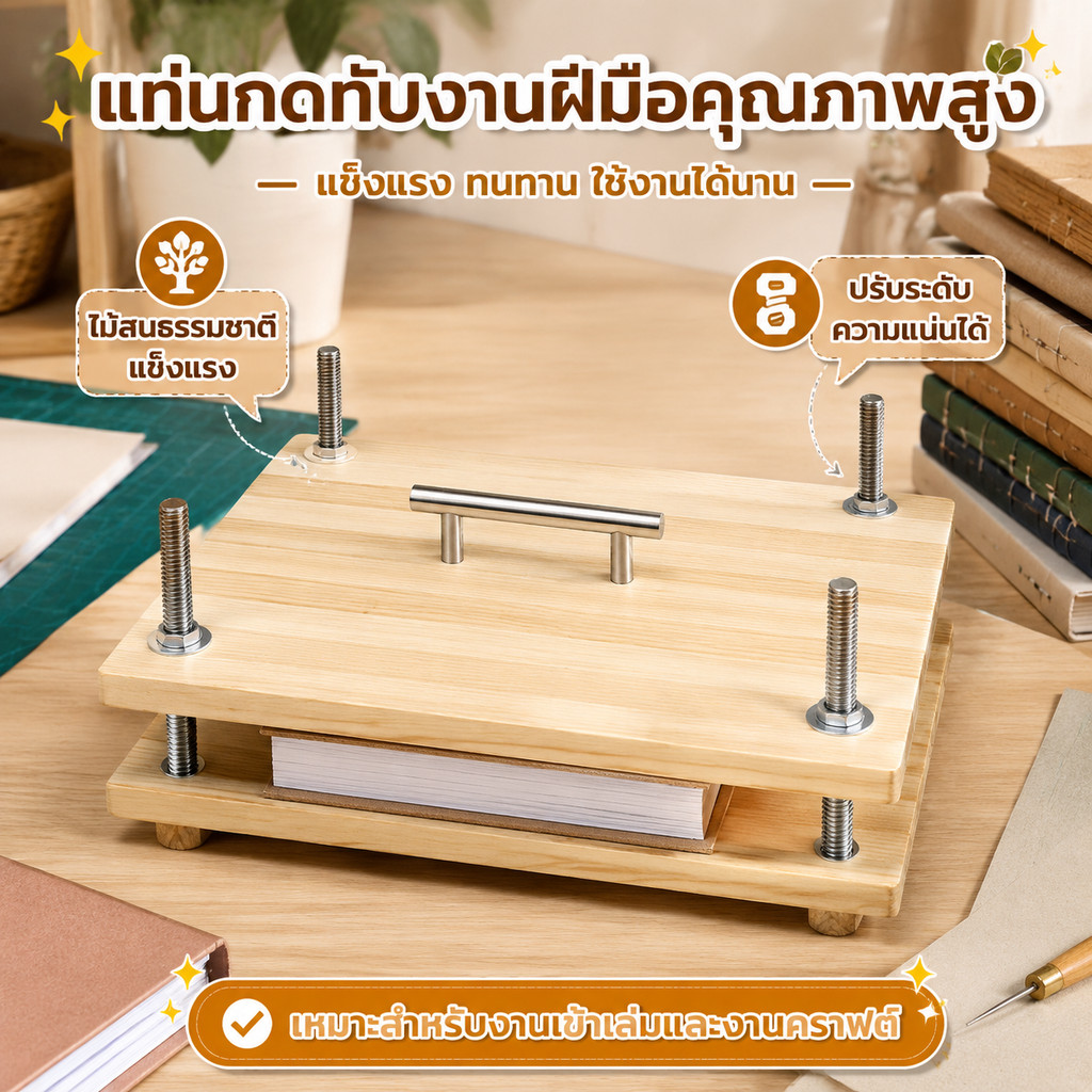 เครื่องอัดหนังสือไม้ แท่นกดหนังสือไม้สำหรับทำหนังสือ ปรับระดับความแน่นได้ มีด้ามจับโลหะสแตนเลสใช้งานสะดวก