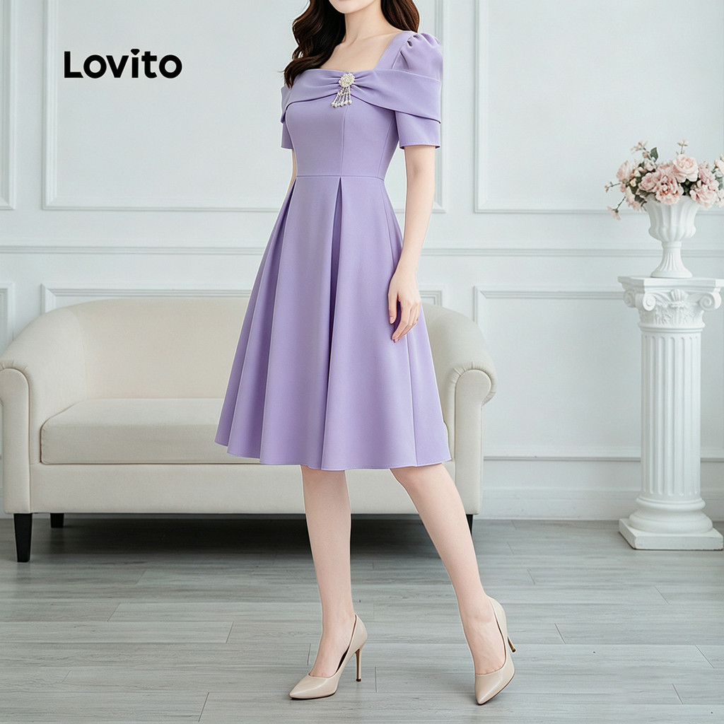 Lovito فستان نسائي بنفسجي غير متماثل — صورة 3