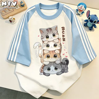 【จัดส่งตลอด 24 ชั่วโมง】NFV สไตล์เกาหลี💙เสื้อยืด ระบายอากาศ ลายแมวน่ารัก Oversized สะดวกสบาย ผ้าฝ้าย100% YG470