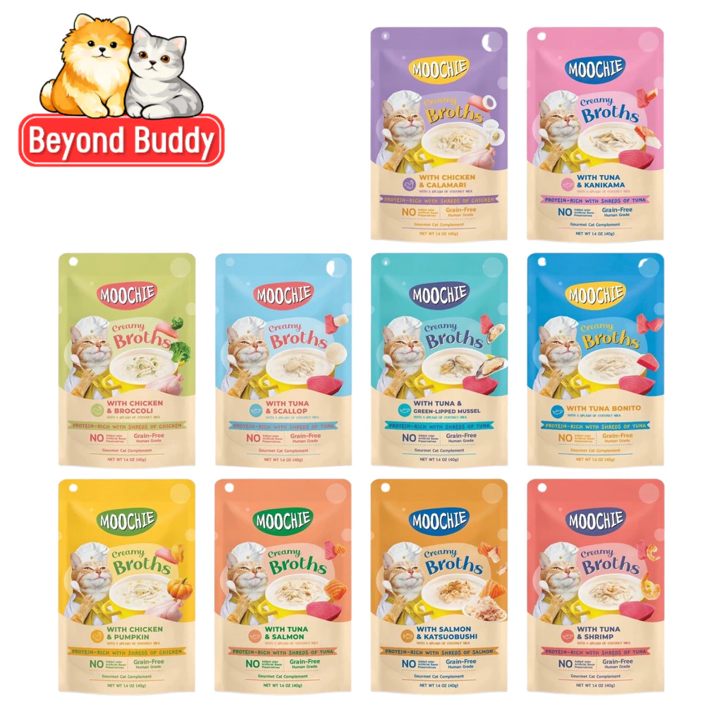 Moochie Creamy Broths มูชี่ ครีมมี่ซุปแมว ซุปแมวเนื้อครีมมี่ สำหรับแมวทานน้ำน้อย ขนาด 40 กรัม