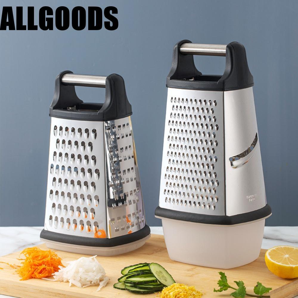 ALLGOODS เครื่องขูดสี่ด้านอเนกประสงค์, เครื่องตัดผักสแตนเลสตรง, ใช้งานได้จริงพร้อมกล่องเก็บฐานกันลื่นเครื่องขูดชีสมันฝรั่ง