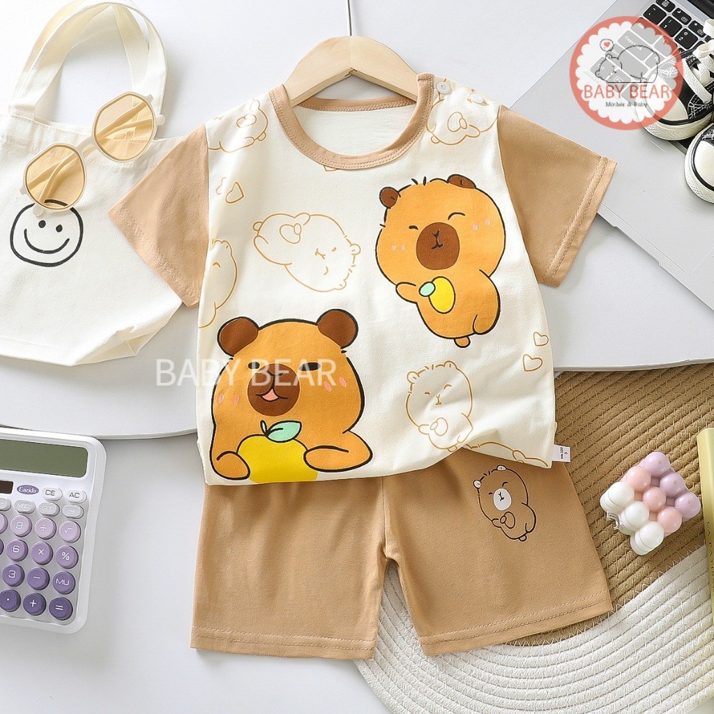 ชุดเซ็ตเสื้อแขนสั้นกางเกงขาสั้น ชุดเด็กแฟชั่นพิมพ์ลาย รูปที่ 6