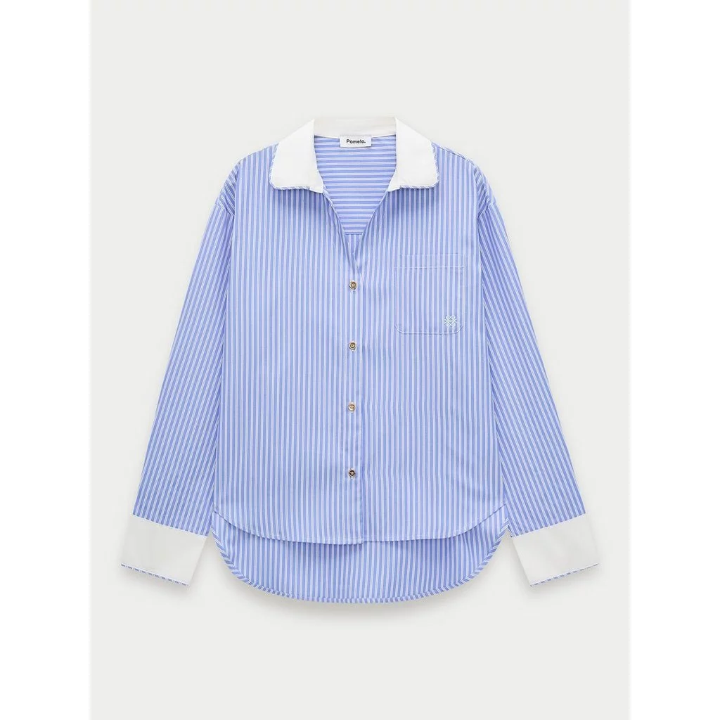 [Pomelo] เสื้อเชิ้ตลายทางแต่งปกตัดสี / Contrast Collar and Trim Stripe Shirt
