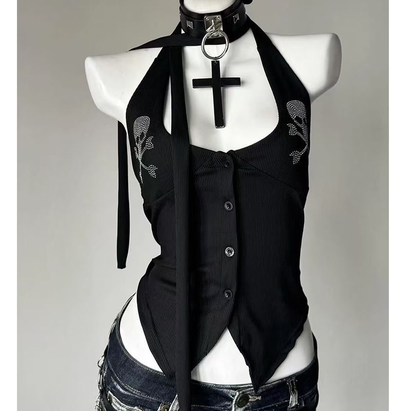 Millennium Hot Girl Yabi y2k Skull Camisole ฤดูร้อน Halter Strap Gothic Hot Girl Halter Top