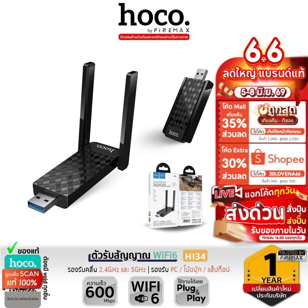 HOCO HI34 ตัวรับสัญญาณ WiFi6 แบบเสาคู่  600Mbps Adapter USB 5GHz ยูเอสบีไวไฟ Wireless Network Card hc5