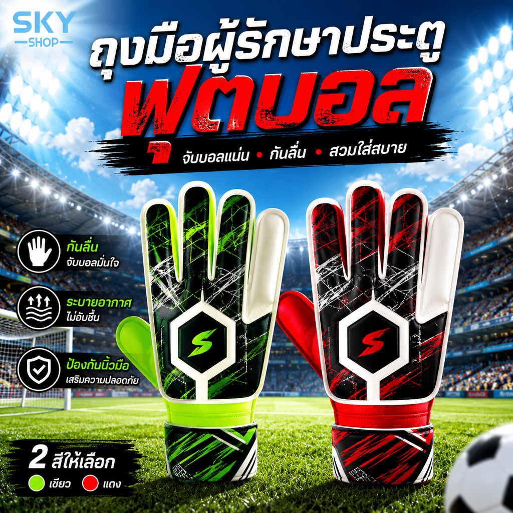 SKY ถุงมือผู้รักษาประตูฟุตบอล ถุงมือโกลฟุตบอล กันลื่น จับบอลแน่น ระบายอากาศ สำหรับเยาวชนและผู้ใหญ่ Goalkeeper Gloves