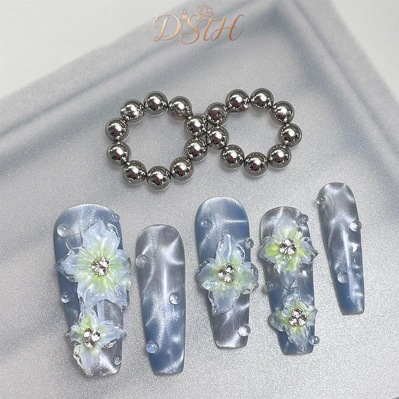 DSTH Nail Art รอบแม่เหล็กลูกปัดดอกไม้น้ําแข็ง Cats Eye Nail Art 10 ชิ้น HOT