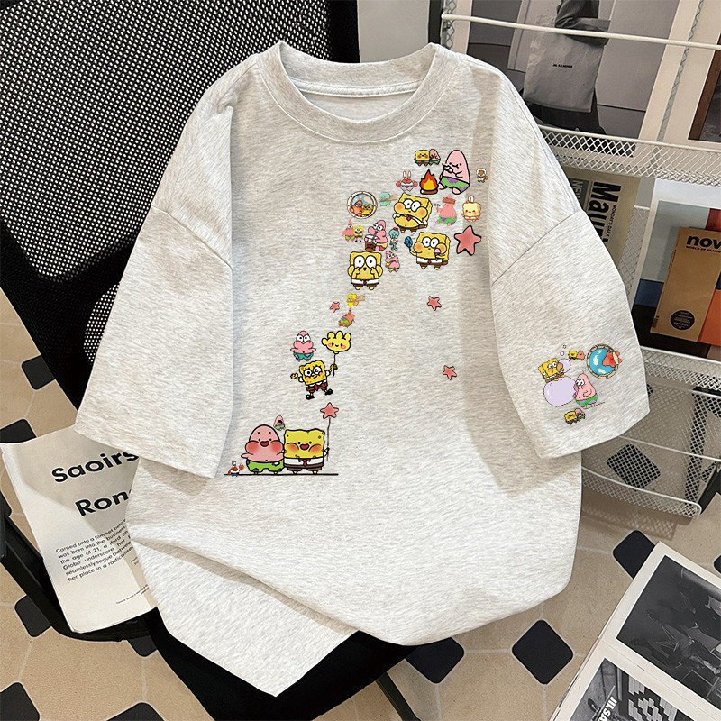 🚚【จัดส่งจากไทย】เสื้อยืดแฟชั่นเกาหลี ลายการ์ตูนน่ารัก แขนสั้น คอกลม ผ้าหนา ไซส์ใหญ่  ใส่สบายระบายอากาศ