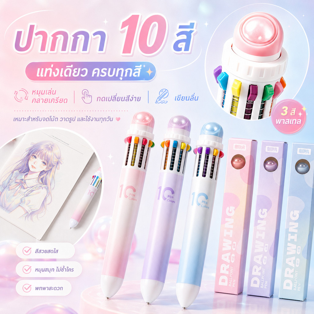 ❤ปากกาลูกลื่น 10 สี โทนมาการอง หัว 0.7 มม. ลูกกลิ้งหมุนได้ จดโน้ตวาดรูป