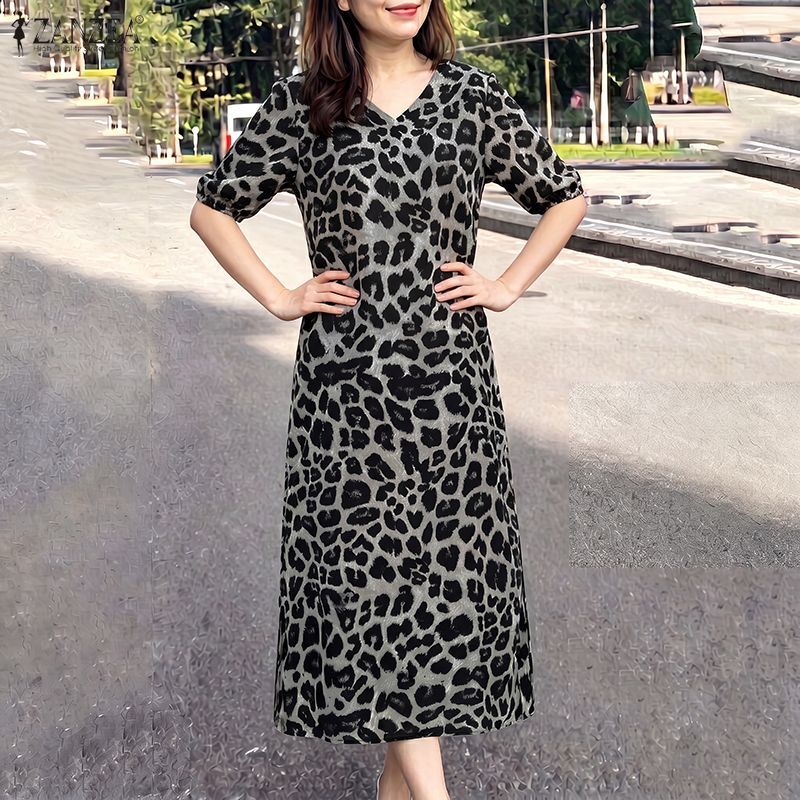 ZANZEA ผู้หญิงวันหยุดเกาหลี V คอครึ่งแขนเสือดาวพิมพ์กระเป๋าชุด — صورة 6