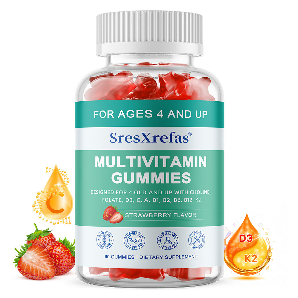 SresXrefas Multivitamin Gummies สําหรับเด็กและผู้ใหญ่, ผลิตภัณฑ์เสริมอาหารทุกวันพร้อมวิตามิน D3, C, A, B12, K2 & Choline รองรับภูมิคุ้มกัน, สุขภาพกระดูกและสมอง
