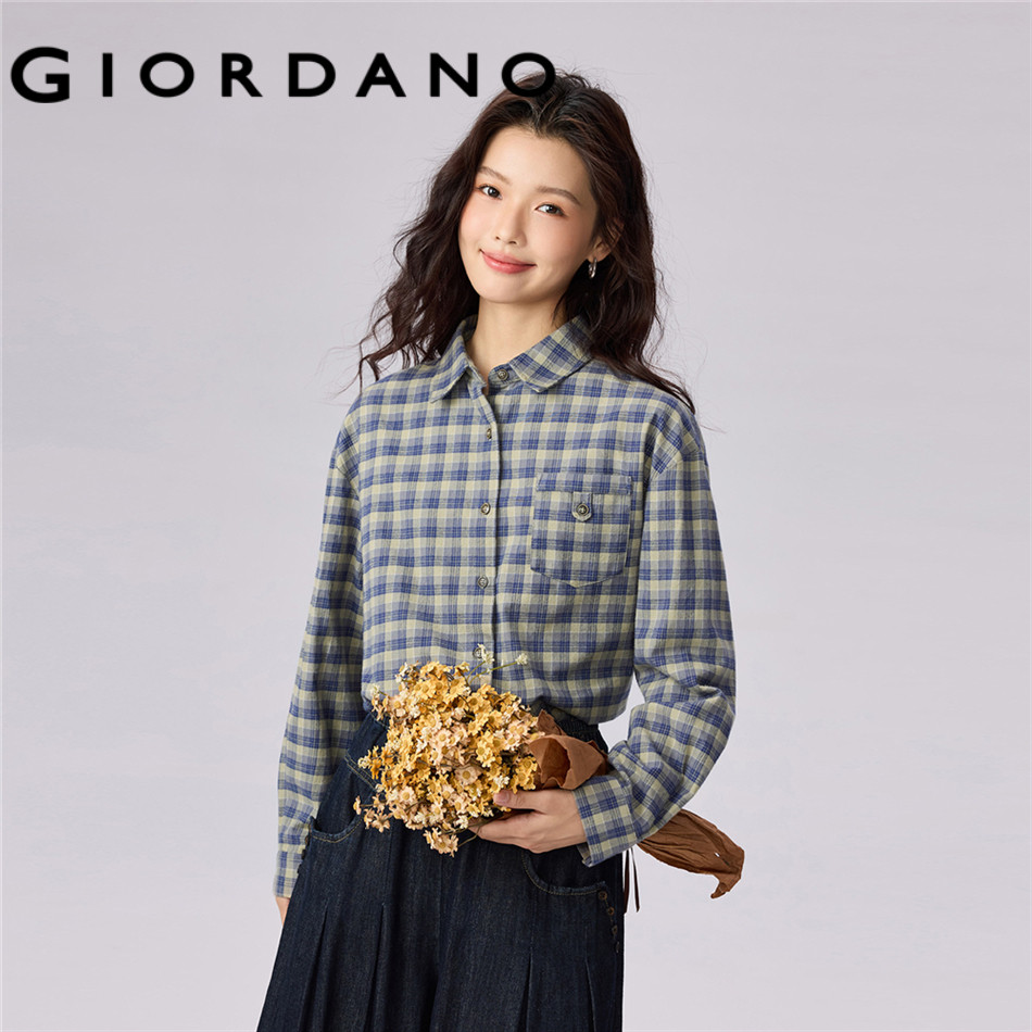 GIORDANO WOMEN 100% Cotton Flannel Plaid Woven Long-Sleeve Shirt with Single Pocket 05345876