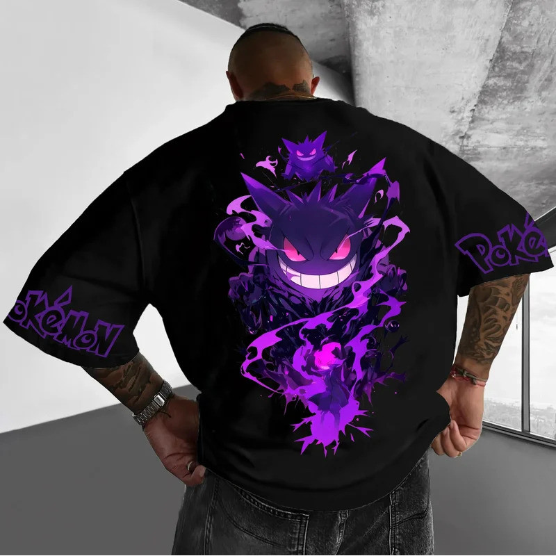 เสื้อยืดพิมพ์ลายโปเกมอนแอนิเมชัน รุ่น Genger สำหรับผู้ชายและผู้หญิง ทรงโอเวอร์ไซส์ ผ้าฝ้ายหลวม สไตล์