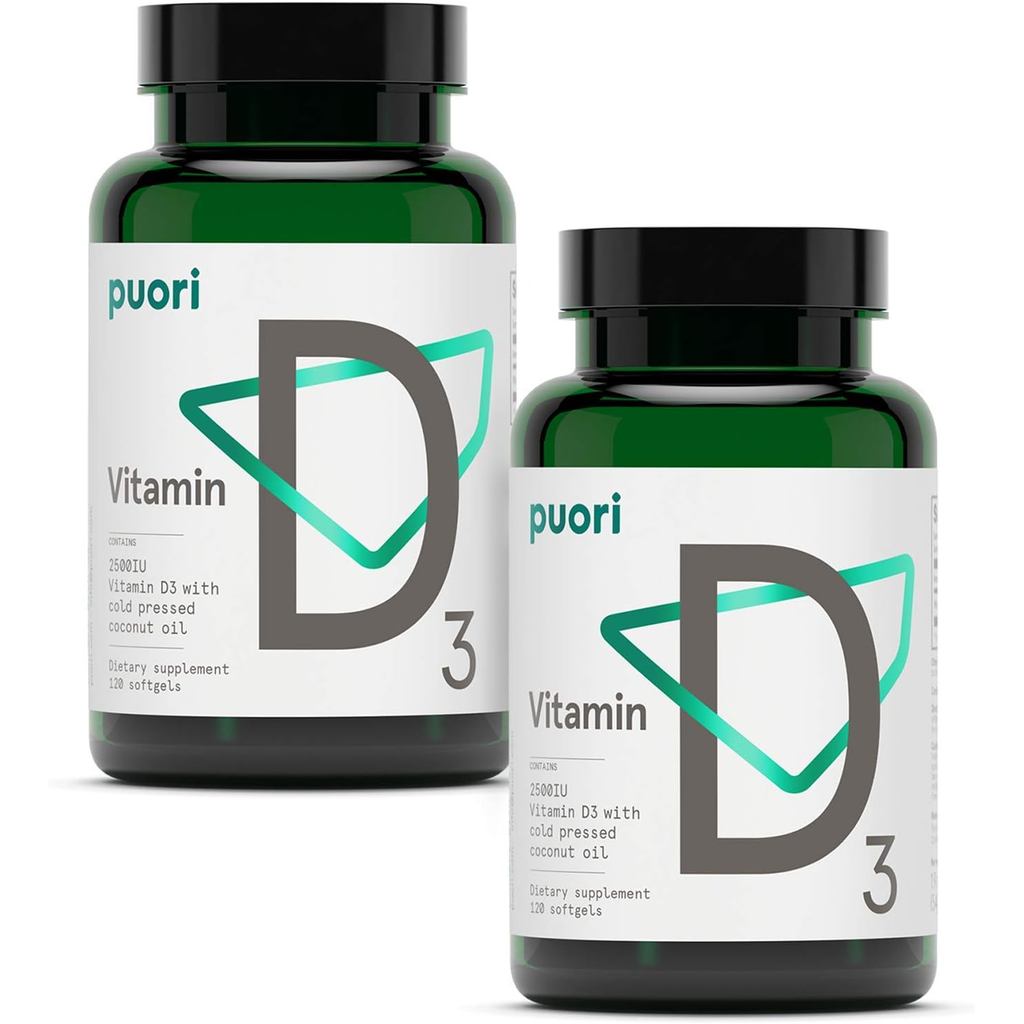 Puori Vitamin D3 Softgels, 2500 IU (62.5 mcg) - Fast Absorbing Vitamin D3 Supplements for Immune System Support, Bone Health & Density and Healthy Muscle Functions - Non-GMO & Gluten-Free - 240 Count